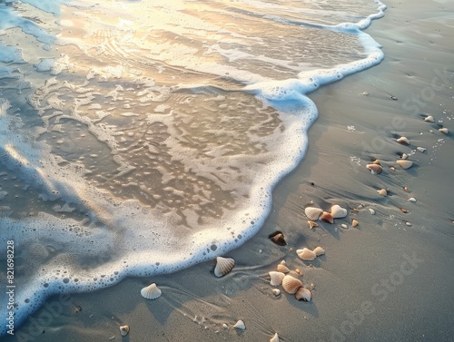 Soft wave of the ocean water with seashells on the sand.