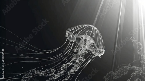  Black and white image of a jellyfish in the water, illuminated by the sun overhead