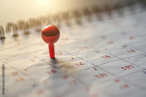 Close-up view of a red pushpin marking an important date on a calendar. Concept of reminder, important event, or deadline. photo