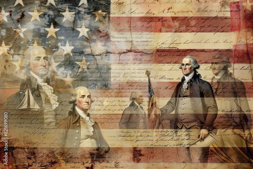 A collage featuring various portraits of George Washington against a background of the American flag and historical documents. 4th of July, american independence day, memorial day concept