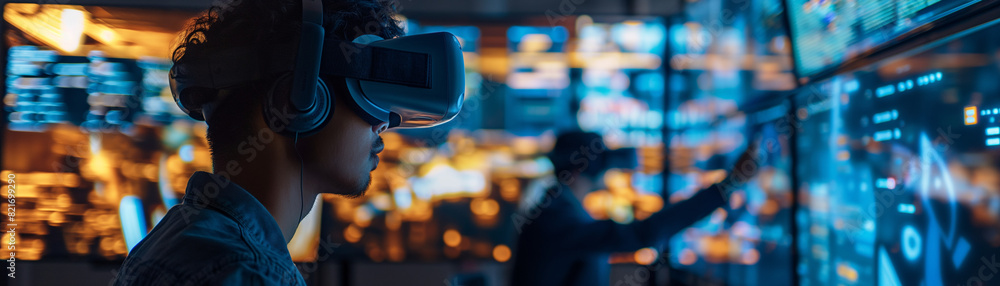 Person using a VR headset in a high-tech control room with digital screens showcasing data and graphics. Person using a VR headset in a high-tech control room with digital screens showcasing data and graphics.