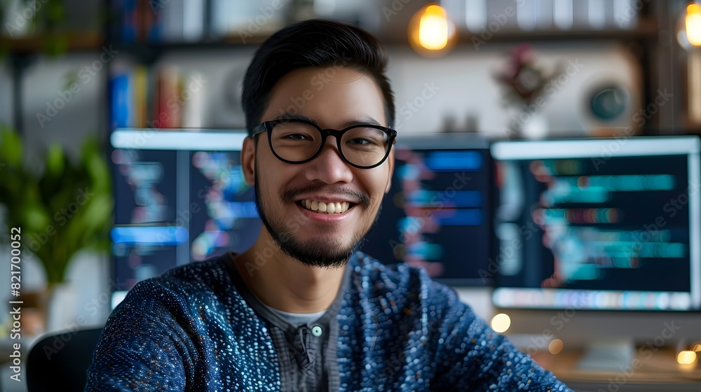 Smiling Young IT Professional Coding at Desk in Workspace Smiling Young IT Professional Coding at Desk in Workspace