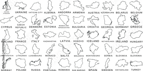 Europe map outline, educational, geography, visual aid. Detailed countries  black line drawings labeled with country names photo