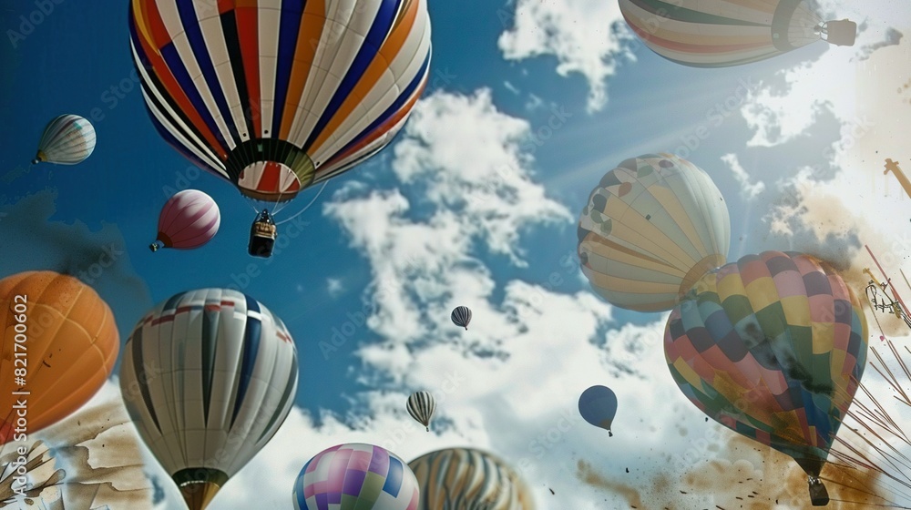 Fototapeta premium A sky full of colorful hot air balloons soaring against a clear blue backdrop with fluffy clouds