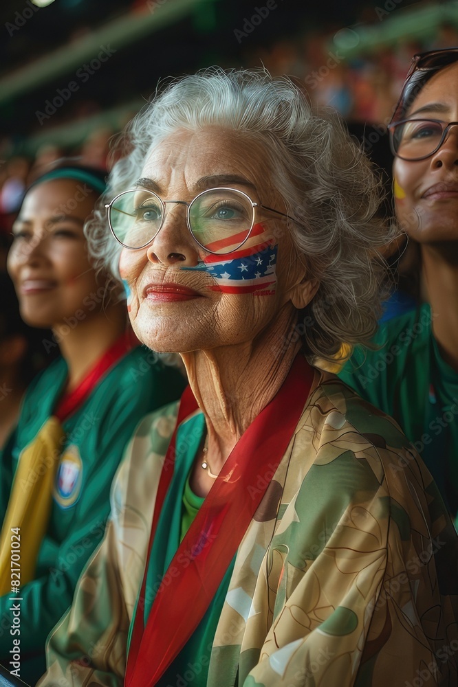 American fans with their faces painted in the colors and design pattern of an American flag at a presentation American fans with their faces painted in the colors and design pattern of an American flag at a presentation