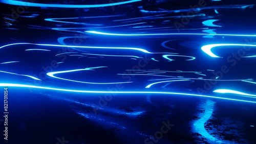 Warped surface with blue glow pattern. Fly through mirror tunnel with neon pattern, glow lines form sci fi pattern. Bright reflection neon light. Simple bg, sci fi structure. 4k looped animation.