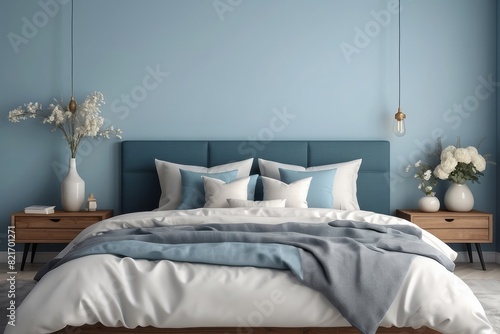bedroom interior, bed, bedding, stylish pillows, vase with flowers, bedside table, lamp,sky blue wall © Dhiandra