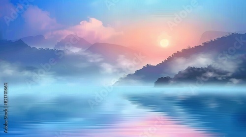   Sunset over water with mountains in background and clouds