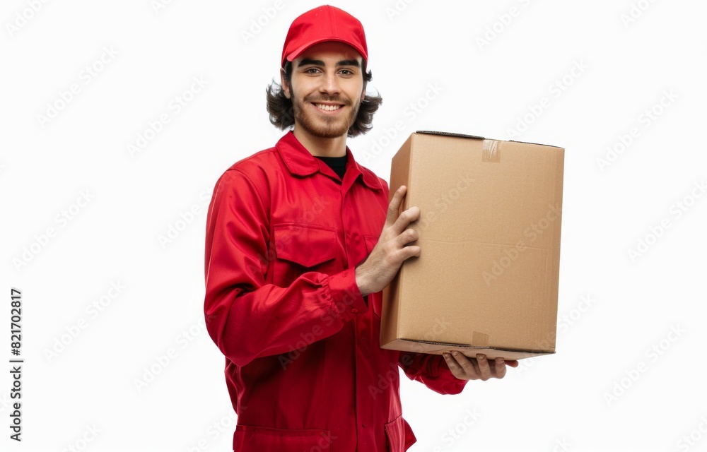 Order delivery, online shopping and package shipping concept. Friendly smiling courier in red uniform cap and t-shirt, handing out packages for customers. Employee bring parcel box, grey background Order delivery, online shopping and package shipping concept. Friendly smiling courier in red uniform cap and t-shirt, handing out packages for customers. Employee bring parcel box, grey background