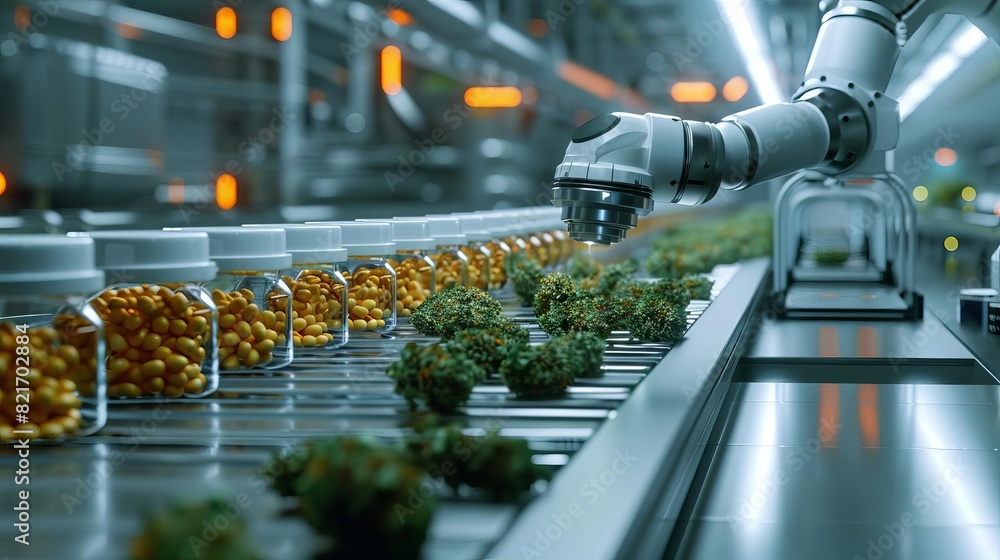 Obraz premium 29 Robotic arm dispensing medical cannabis pills in a hightech lab, Futuristic, 3D Render