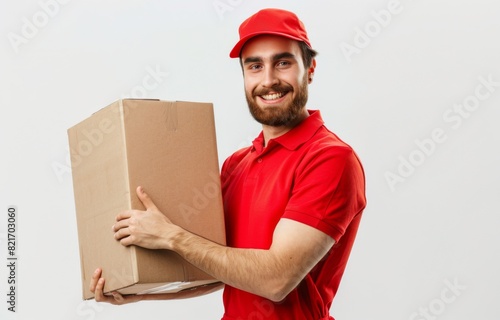 Order delivery, online shopping and package shipping concept. Friendly smiling courier in red uniform cap and t-shirt, handing out packages for customers. Employee bring parcel box, grey background