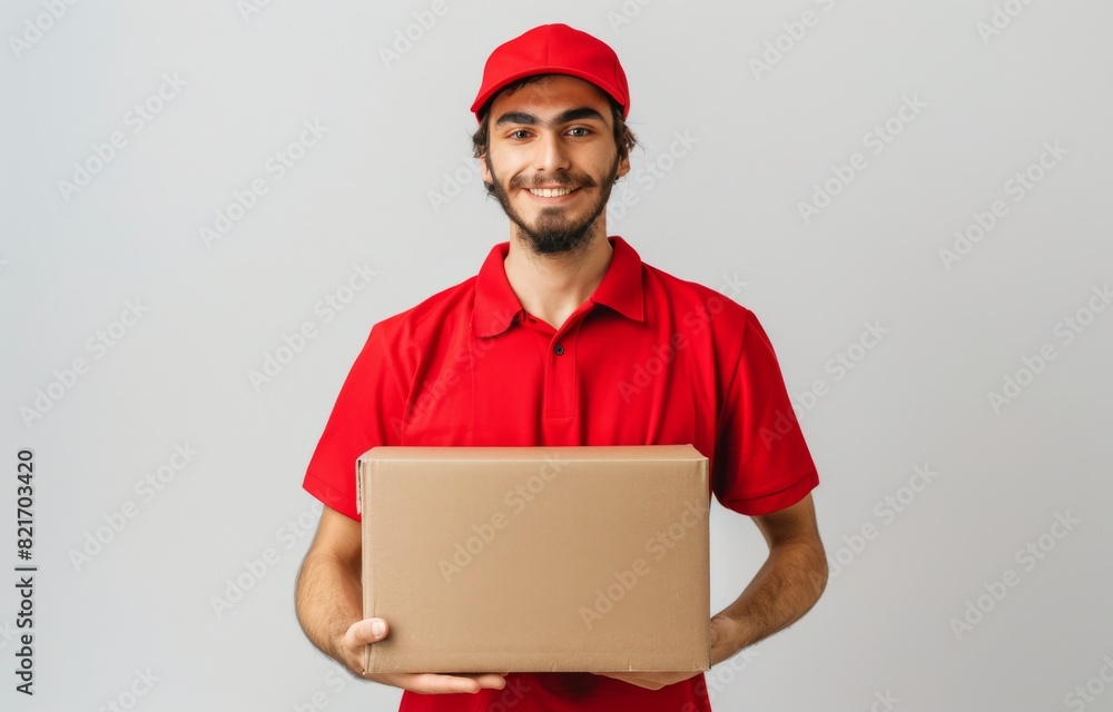 Order delivery, online shopping and package shipping concept. Friendly smiling courier in red uniform cap and t-shirt, handing out packages for customers. Employee bring parcel box, grey background Order delivery, online shopping and package shipping concept. Friendly smiling courier in red uniform cap and t-shirt, handing out packages for customers. Employee bring parcel box, grey background