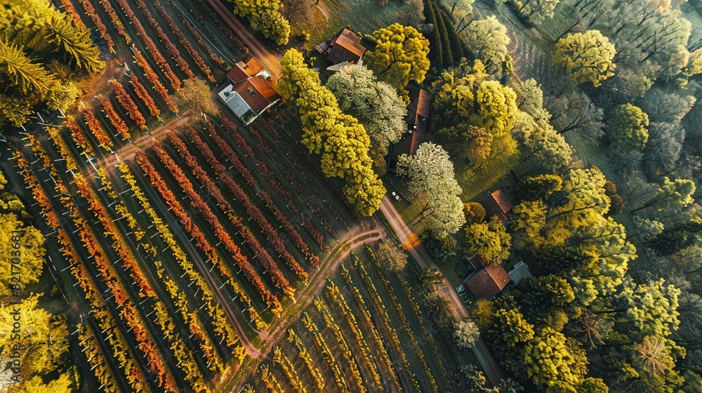 Fototapeta premium An aerial shot of a farm with lush fields, scattered trees, and a cozy house nestled at its heart