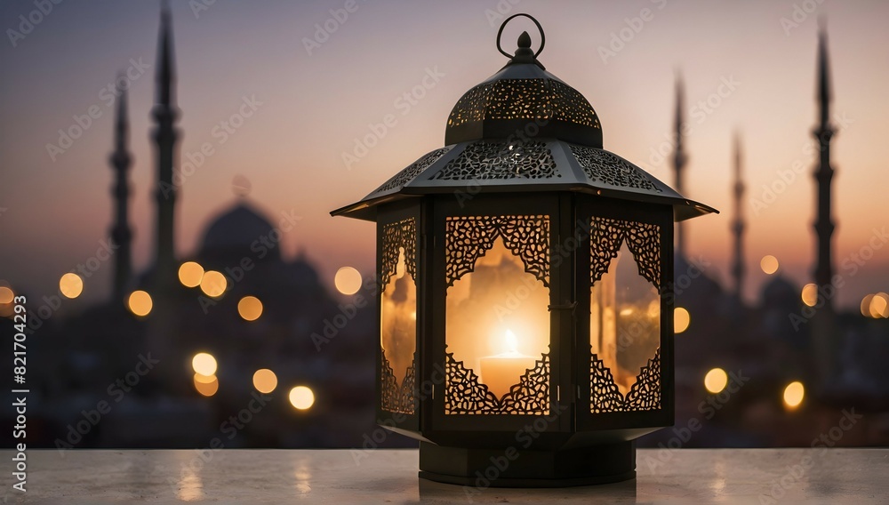 An Islamic lantern with a blurred mosque in the background for Al Fitr and Adha eid An Islamic lantern with a blurred mosque in the background for Al Fitr and Adha eid