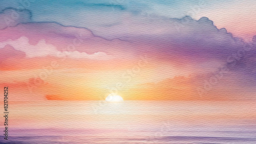 A serene watercolor depiction of a sunset over the ocean  where the sky meets the sea in a symphony of colors  casting a peaceful reflection on the tranquil waves below