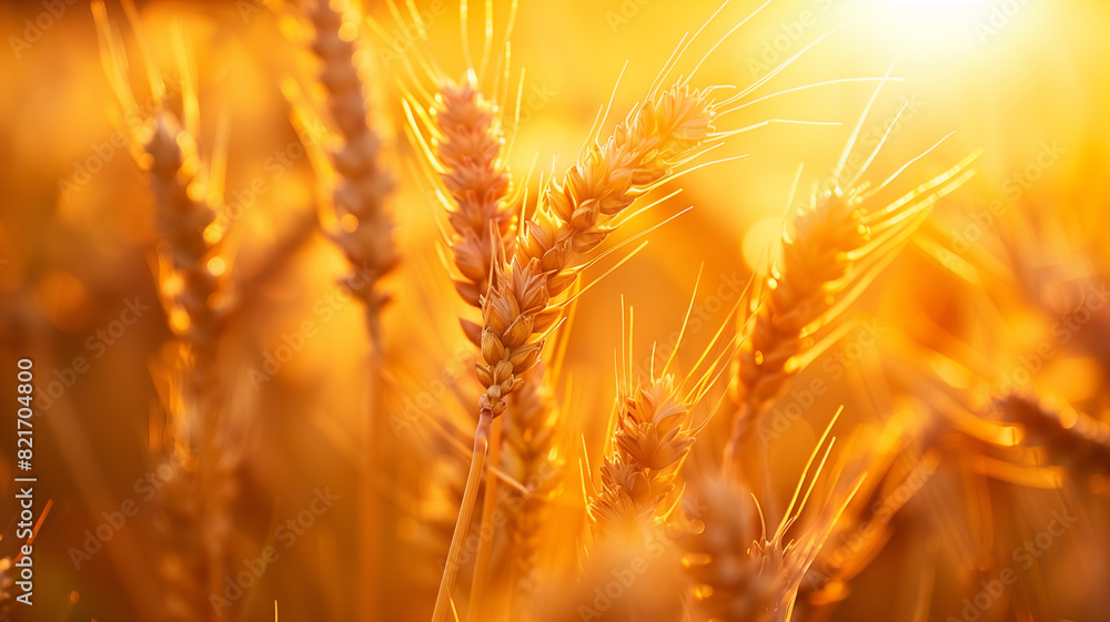 close-up view of sun-kissed wheat ears, their golden splendor radiating against the backdrop of a picturesque summer field, close-up view of sun-kissed wheat ears, their golden splendor radiating against the backdrop of a picturesque summer field,