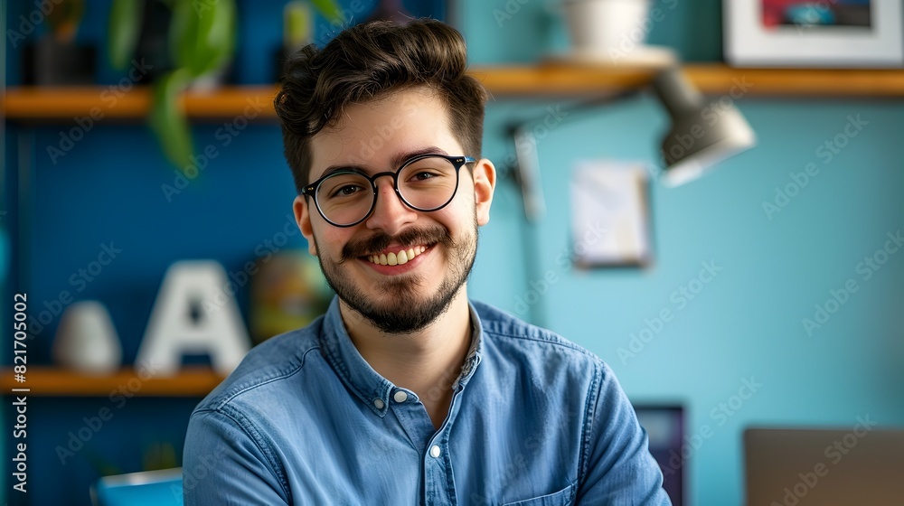 Fototapeta premium Smiling Young Software Professional Working in Colorful Office Setting