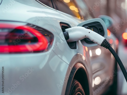 Close-up of an electric car being charged at a station  symbolizing clean energy and sustainability.