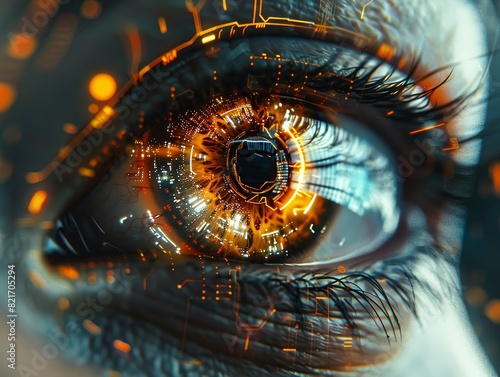 Capture the intricate details of a human eye merged with futuristic digital elements symbolizing the ethical and practical dilemmas of omniscient technology Show the fusion of vulnerability and power © jinna