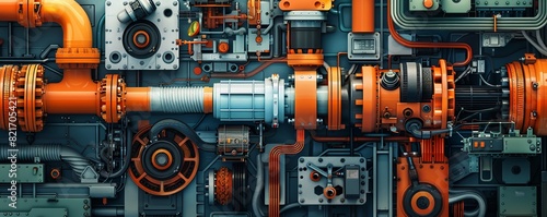 Craft a detailed long shot illustration highlighting the inner workings of hydraulic systems in different machinery types Use a mix of colors to differentiate components and create a visually 