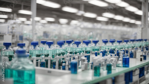 A factory production line of glass bottles filled with a dark liquid.