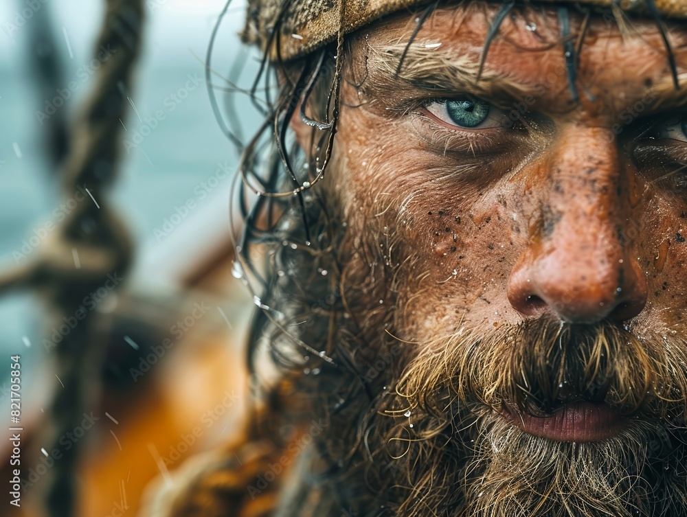 Focus on the intensity in a Viking warriors eyes as he gazes into the horizon from the ships bow, embodying the spirit of discovery and conquest Enhance the colors to evoke the harsh beauty Focus on the intensity in a Viking warriors eyes as he gazes into the horizon from the ships bow, embodying the spirit of discovery and conquest Enhance the colors to evoke the harsh beauty