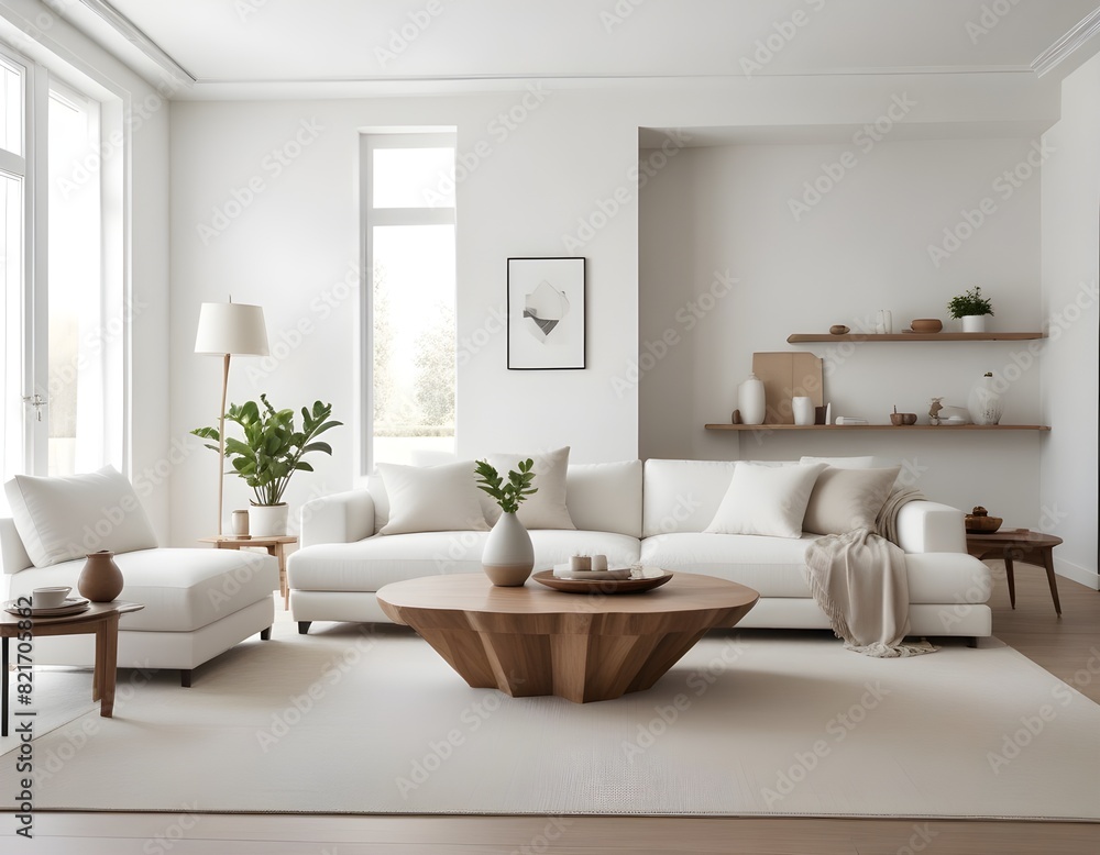 A modern, minimalist living room with a large white sofa and a wooden, decorative coffee table. 3D Rendering A modern, minimalist living room with a large white sofa and a wooden, decorative coffee table. 3D Rendering