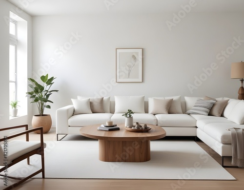 A modern, minimalist living room with a large white sofa and a wooden, decorative coffee table. 3D Rendering