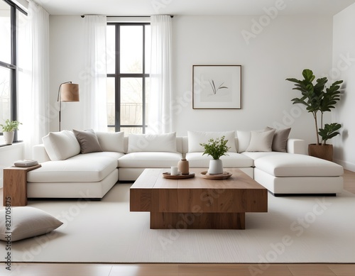 A modern  minimalist living room with a large white sofa and a wooden  decorative coffee table. 3D Rendering