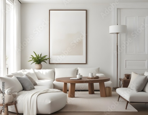 A modern, minimalist living room with a large white sofa and a wooden, decorative coffee table. 3D Rendering