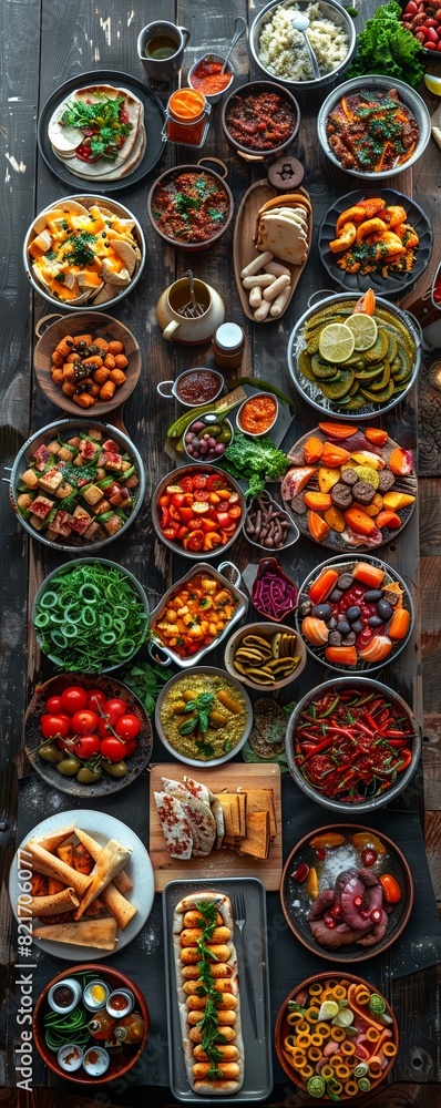 Fototapeta premium Infuse creativity into a visually striking aerial image illustrating a culinary adventure across continents Blend renowned food markets, street food stalls, and cultural landmarks into 