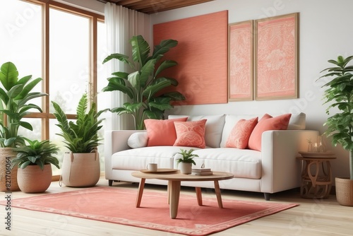 warm and cozy living room interior, Cottage White sofa, wooden partition wall, Coral rug