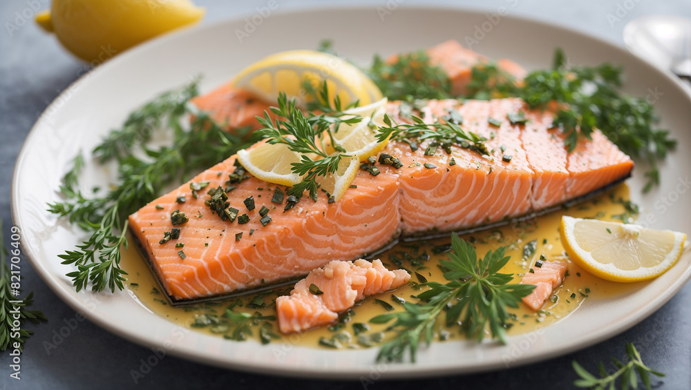 A cooked salmon fillet on a white platter garnished with lemon wedges and dill.
A cooked salmon fillet on a white platter garnished with lemon wedges and dill.