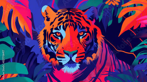 Illustration portrait of a tiger in trendy colorful psychedelic surreal colors