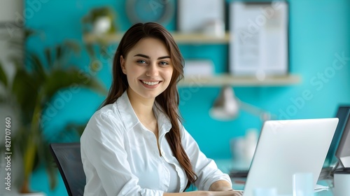 Young Smiling Receptionist Working at Colorful Office Desk