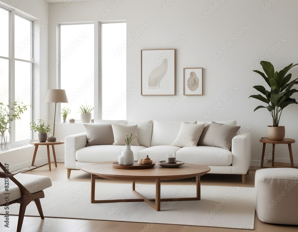 A modern and minimalist living room with a large white sofa, a wooden coffee table with decorative items, and a mockup wall. 3D Rendering A modern and minimalist living room with a large white sofa, a wooden coffee table with decorative items, and a mockup wall. 3D Rendering