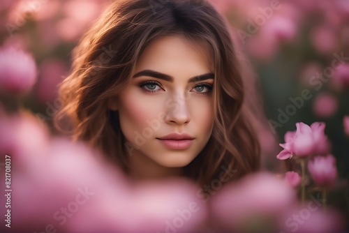 Close up on beautiful girl in the pink garden. Young woman standing in blossom background. Generative AI