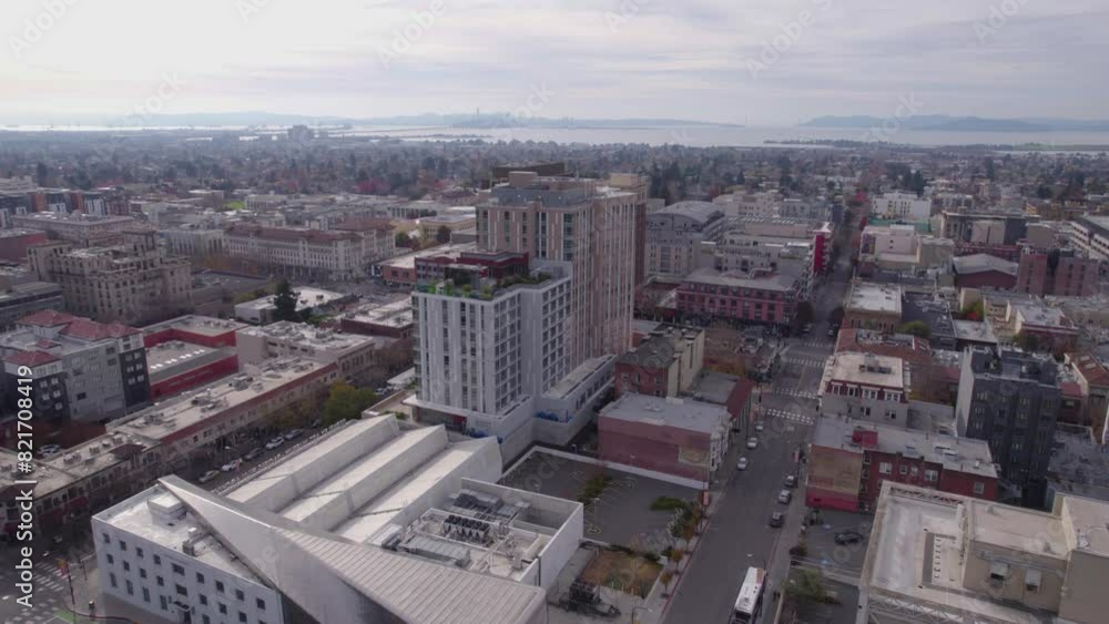 Downtown Berkeley, California USA. Establishing Drone Shot of Central Buildings and Streets Downtown Berkeley, California USA. Establishing Drone Shot of Central Buildings and Streets