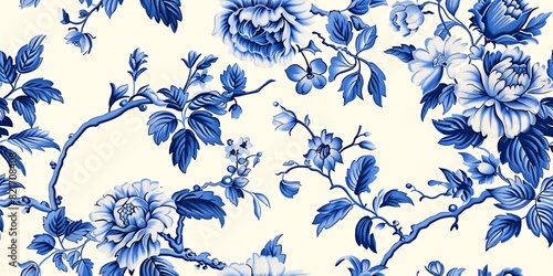 Elegant Chinoiserie pattern in shades of blue, featuring detailed floral designs. Ideal for printing. Traditional Chinese art.