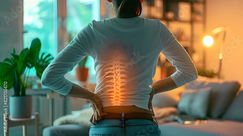 Woman experiencing back pain at home due to lumbar intervertebral disc herniation. Concept Back Pain Management, Lumbar Health, Home Remedies, Physical Therapy Exercises, Lifestyle Changes AI
