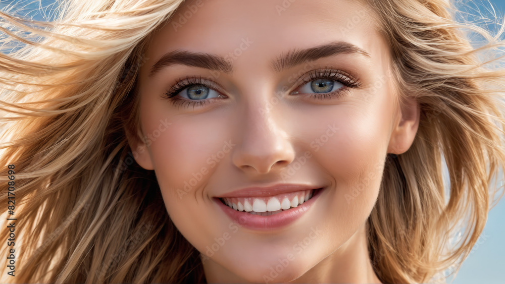 Windswept Hair Close up of a woman with windswept blonde hair rosy cheeks and a Windswept Hair Close up of a woman with windswept blonde hair rosy cheeks and a
