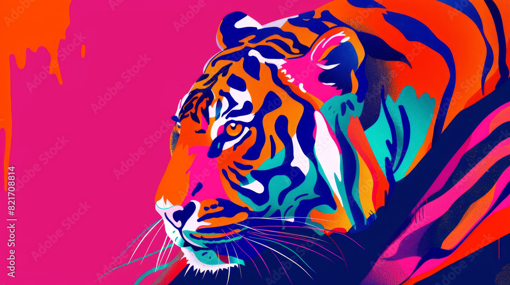Fototapeta Illustration portrait of a tiger in trendy colorful psychedelic surreal colors