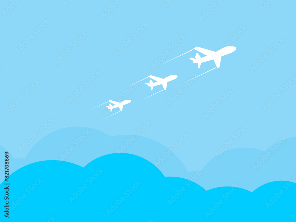 Travel concept illustration in vector. The plane flies and leaves a trail line. Summer vacation background.