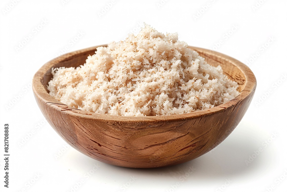 A source of fiber, powdered husk in a dish on a white background. A source of fiber, powdered husk in a dish on a white background.