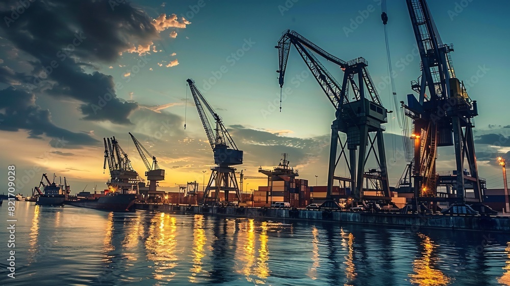 Fototapeta premium Dusk in the harbor of a northern metropolis, glowing with amber-hued lights on the loading machinery.