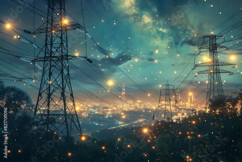 3D Render Of Power Transmission Lines with 3D Digital Visualization of Electricity. Fantastic Visuals of Night Sky Full of Bright Stars. Concept of Renewable Green Energy Powering Human Progress photo