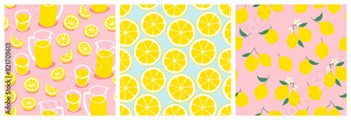 Hand drawn lemonade drink seamless pattern illustration set. Retro lemon fruit background with pitcher and glass. Vintage fresh summer beverage drawing wallpaper print.