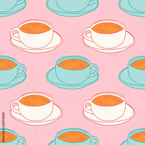 Hand drawn coffee mug seamless pattern. Breakfast caffeine drink cup background illustration. Energy beverage, espresso hot drink wallpaper texture.	