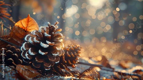 Close-up of pine cone with frosty edges in a forest setting with bokeh lights creating a magical and serene winter atmosphere in nature