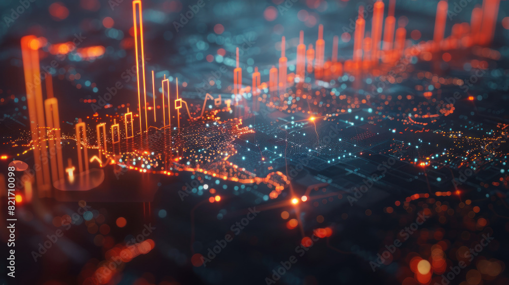 Fototapeta premium A stock market graph overlaying a digital map represents a financial crisis with a bearish trend in a digital graphic style on a dark background